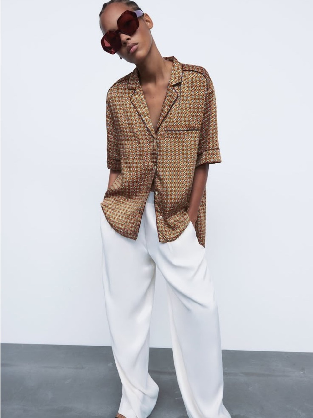 Zara Brown Printed Short-Sleeve Button-Up Blouse